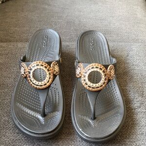 CROCS Black Sandal with Gold-Tone Circular Gem Accents